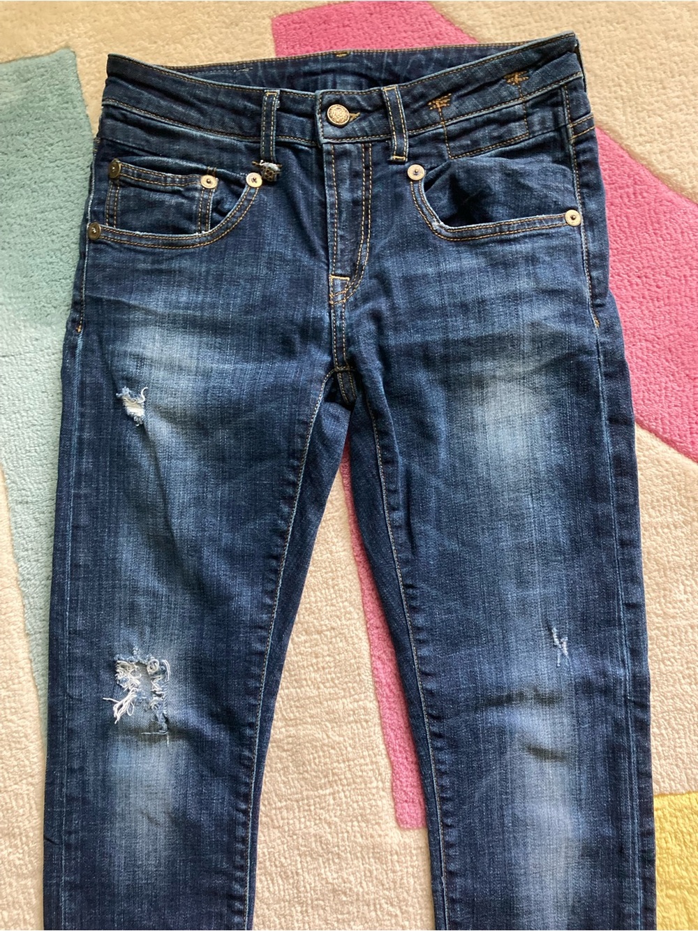 R13 Distressed Boy Skinny Jeans Low Rise Seattle Vintage Blue Distressed Dark 24 - Picture 3 of 9